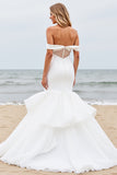 Mermaid Ivory Satin Sweep Train Wedding Dress with Ruffles