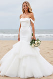 Mermaid Ivory Satin Sweep Train Wedding Dress with Ruffles