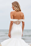 Mermaid Ivory Satin Sweep Train Wedding Dress with Ruffles