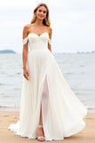A Line Ivory Chiffon Off the Shoulder Sweep Train Wedding Dress with Slit
