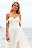 A Line Ivory Chiffon Off the Shoulder Sweep Train Wedding Dress with Slit