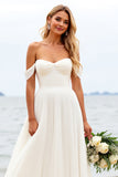 A Line Ivory Chiffon Off the Shoulder Sweep Train Wedding Dress with Slit