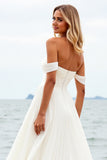 A Line Ivory Chiffon Off the Shoulder Sweep Train Wedding Dress with Slit