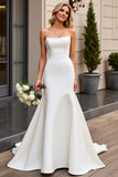 Simple Ivory Mermaid Satin Strapless Sweep Train Wedding Dress
