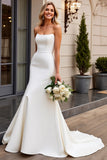Simple Ivory Mermaid Satin Strapless Sweep Train Wedding Dress