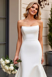 Simple Ivory Mermaid Satin Strapless Sweep Train Wedding Dress