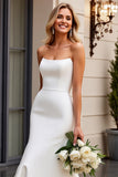 Simple Ivory Mermaid Satin Strapless Sweep Train Wedding Dress