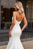 Simple Ivory Mermaid Satin Strapless Sweep Train Wedding Dress