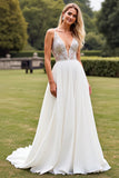 Ivory Chiffon V Neck Sweep Train Appliqued A Line Wedding Dress with Slit