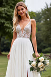 Ivory Chiffon V Neck Sweep Train Appliqued A Line Wedding Dress with Slit