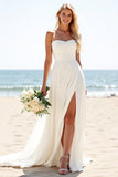 Ivory Chiffon Strapless Sweep Train A Line Wedding Dress with Slit
