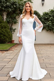 Ivory Satin Mermaid V Neck Long Sleeves Sweep Train Wedding Dress