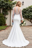 Ivory Satin Mermaid V Neck Long Sleeves Sweep Train Wedding Dress