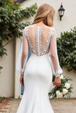 Ivory Satin Mermaid V Neck Long Sleeves Sweep Train Wedding Dress