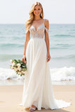 Ivory Chiffon Sweep Train Cold Shoulder Boho Wedding Dress with Lace