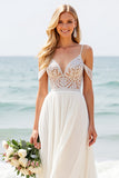 Ivory Chiffon Sweep Train Cold Shoulder Boho Wedding Dress with Lace