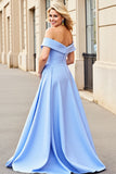 Light Blue A Line Satin Maxi Prom Dress with Ruffles