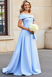 Light Blue A Line Satin Maxi Prom Dress with Ruffles