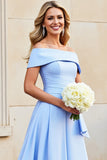 Light Blue A Line Satin Maxi Prom Dress with Ruffles