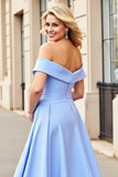 Light Blue A Line Satin Maxi Prom Dress with Ruffles