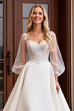 Ivory Sweetheart A Line Maxi Wedding Dress with Long Sheer Sleeves