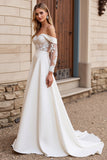 Ivory Satin Maxi Off the Shoulder Wedding Dress with Applique
