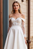 Ivory Satin Maxi Off the Shoulder Wedding Dress with Applique