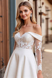 Ivory Satin Maxi Off the Shoulder Wedding Dress with Applique