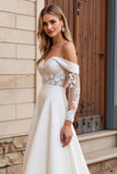Ivory Satin Maxi Off the Shoulder Wedding Dress with Applique