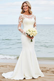 Ivory Satin Illusion Neck Mermaid Sweep Train Wedding Dress with Applique