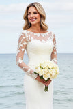 Ivory Satin Illusion Neck Mermaid Sweep Train Wedding Dress with Applique