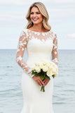 Ivory Satin Illusion Neck Mermaid Sweep Train Wedding Dress with Applique
