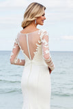 Ivory Satin Illusion Neck Mermaid Sweep Train Wedding Dress with Applique