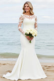 Ivory Satin Illusion Neck Mermaid Sweep Train Wedding Dress with Applique