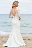 Ivory Satin Illusion Neck Mermaid Sweep Train Wedding Dress with Applique