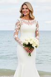 Ivory Satin Illusion Neck Mermaid Sweep Train Wedding Dress with Applique