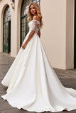 Ivory Satin Half Sleeves A Line Sweep Train Wedding Dress with Applique