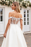 Ivory Satin Off the Shoulder A Line Maxi Wedding Dress with Lace