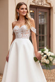 Ivory Satin Off the Shoulder A Line Maxi Wedding Dress with Lace