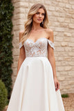 Ivory Satin Off the Shoulder A Line Maxi Wedding Dress with Lace