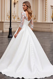 Ivory Satin Ball Gown V Neck Sweep Train Wedding Dress with Lace