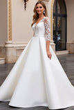 Ivory Satin Ball Gown V Neck Sweep Train Wedding Dress with Lace
