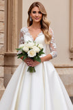 Ivory Satin Ball Gown V Neck Sweep Train Wedding Dress with Lace