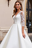 Ivory Satin Ball Gown V Neck Sweep Train Wedding Dress with Lace