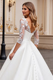 Ivory Satin Ball Gown V Neck Sweep Train Wedding Dress with Lace