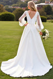 Ivory V Neck Satin A Line Lantern Sleeves Sweep Train Wedding Dress