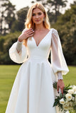 Ivory V Neck Satin A Line Lantern Sleeves Sweep Train Wedding Dress
