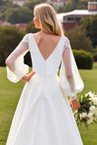 Ivory V Neck Satin A Line Lantern Sleeves Sweep Train Wedding Dress