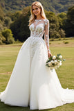 Ivory A Line Boat Neck Sweep Train Wedding Dress with Applique