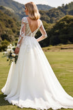 Ivory A Line Boat Neck Sweep Train Wedding Dress with Applique